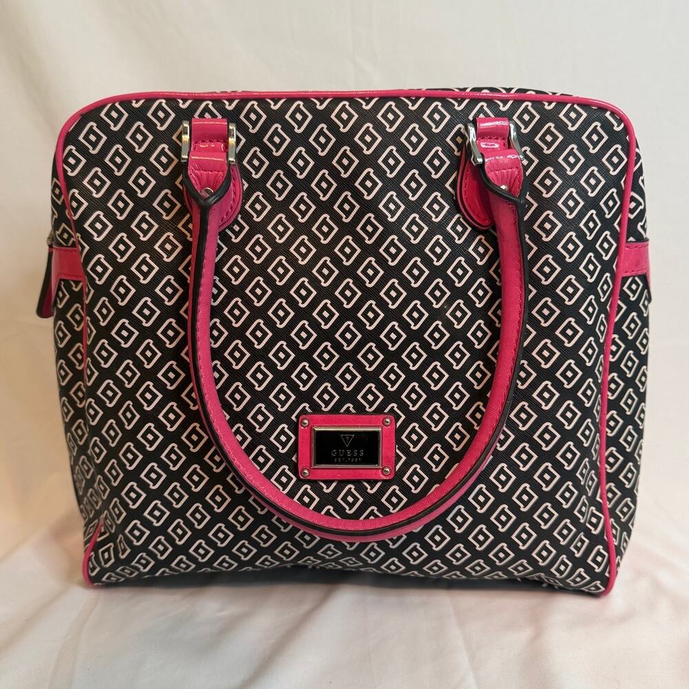 GUESS Satchel Black/White with‎ Pink Trim Zipper Closure Handbag